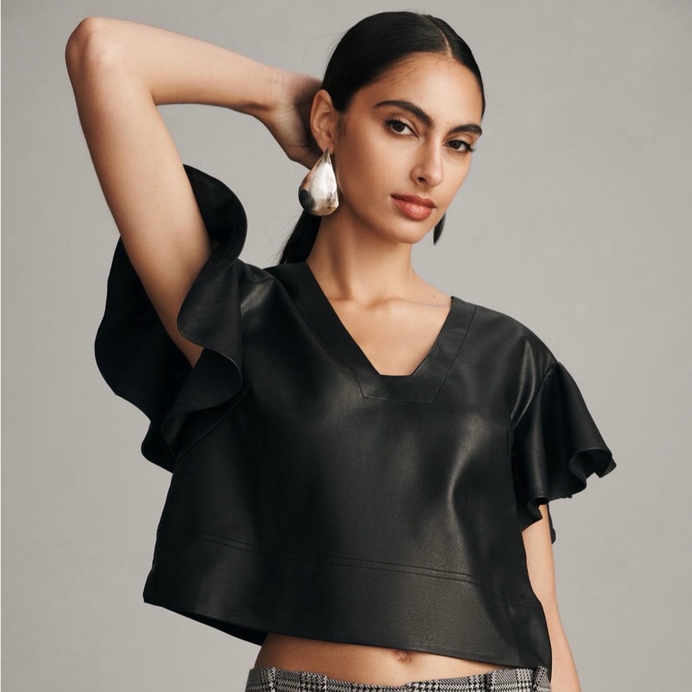 Maeve by Anthropologie Black Faux Leather Ruffle Sleeve Top Size XXS, NWT